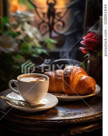 French breakfast in the cafe. Cup of coffee and a hot croissant on an elegant table, close-up, vertical image. French breakfast in the cafe. Cup of coffee and a hot croissant on an elegant table, close-up, vertical image. 108001644