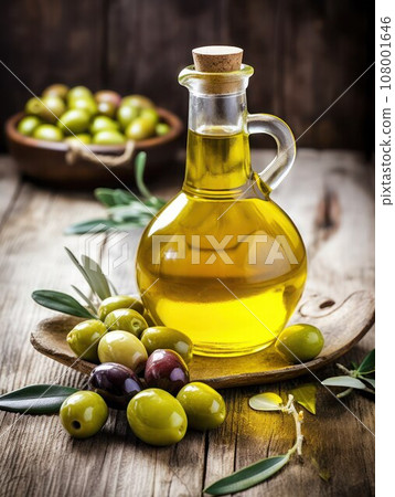 Extra virgin olive oil in a glass bottle and green olives with leaves on a wooden background, rustic style, vertical photo. Extra virgin olive oil in a glass bottle and green olives with leaves on a wooden background, rustic style, vertical photo. 108001646