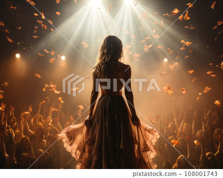 Fictional woman artist in dress on big stage of luxury concert hall AI 108001743