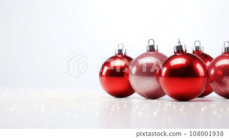 Beautiful red Christmas balls on white shiny surface, close-up, copy space. Beautiful red Christmas balls on white shiny surface, close-up, copy space. 108001938