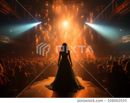 Fictional woman artist in dress on big stage of luxury concert hall AI Fictional woman artist in dress on big stage of luxury concert hall AI 108002035