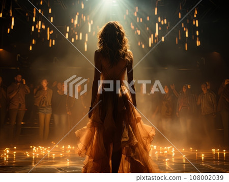 Fictional woman artist in dress on big stage of luxury concert hall AI 108002039
