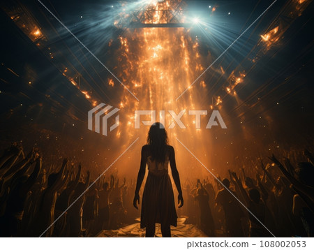 Fictional woman artist in dress on big stage of luxury concert hall AI 108002053