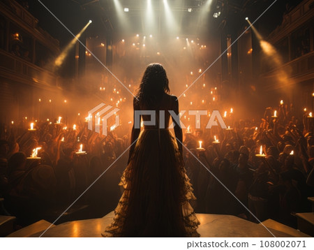 Fictional woman artist in dress on big stage of luxury concert hall AI Fictional woman artist in dress on big stage of luxury concert hall AI 108002071