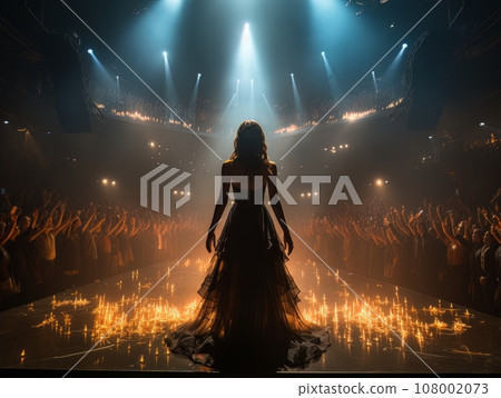 Fictional woman artist in dress on big stage of luxury concert hall AI Fictional woman artist in dress on big stage of luxury concert hall AI 108002073