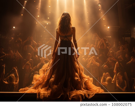 Fictional woman artist in dress on big stage of luxury concert hall AI Fictional woman artist in dress on big stage of luxury concert hall AI 108002075