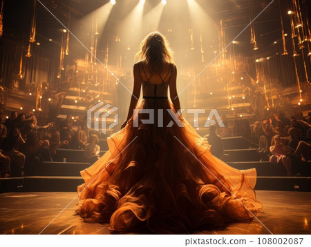 Fictional woman artist in dress on big stage of luxury concert hall AI 108002087