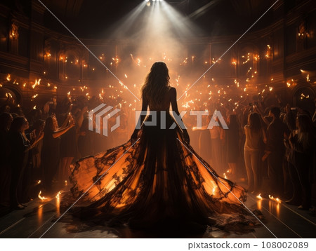 Fictional woman artist in dress on big stage of luxury concert hall AI 108002089