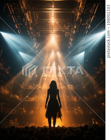 Fictional woman artist in dress on big stage of luxury concert hall AI Fictional woman artist in dress on big stage of luxury concert hall AI 108002103