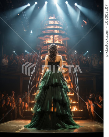 Fictional woman artist in dress behind scenes of luxurious concert hall AI 108002107