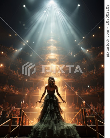 Fictional woman artist in dress on big stage of luxury concert hall AI 108002108
