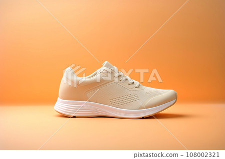 Stylish sport shoes on pastel background, simple urban aesthetics. Sportswear, minimalist style and fashion, running footwear. Sneakers for running or hiking 108002321