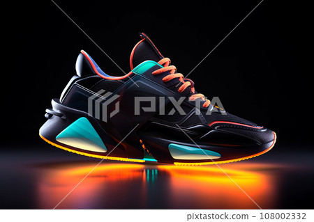 Futuristic fashion original sneakers for run. Future design of stylish sport shoes with neon glow, futuristic urban aesthetics. Sportswear, style and fashion, tomorrow running footwear Futuristic fashion original sneakers for run. Future design of stylish sport shoes with neon glow, futuristic urban aesthetics. Sportswear, style and fashion, tomorrow running footwear 108002332