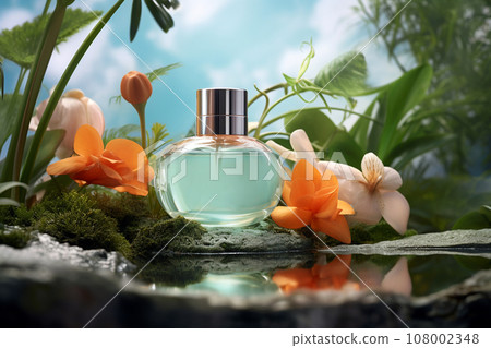 Natural cosmetics, perfume bottle on nature background. Organic natural ingredients beauty product among flowers and green leaves in the woods. Skin care, beauty, aroma, spa product presentation. 108002348