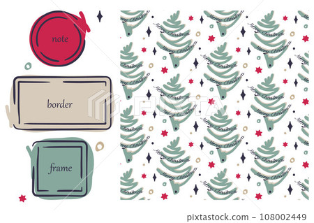 Christmas motif frames, seamless pattern Set. Hand drawn doodle cartoon style design, ink blob brush line strokes. Circle, square border shape. Transparent pattern background. Cute illustration Christmas motif frames, seamless pattern Set. Hand drawn doodle cartoon style design, ink blob brush line strokes. Circle, square border shape. Transparent pattern background. Cute illustration 108002449