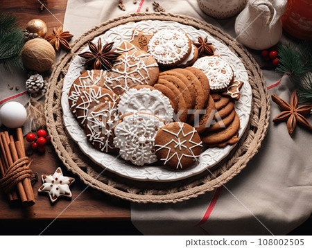 Tasty homemade Christmas cookies on the table. Gingerbread. Top view 108002505