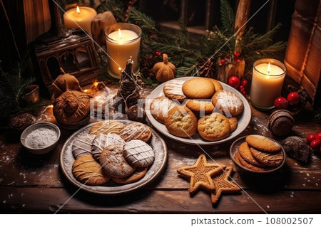 Tasty homemade Christmas cookies on the table. Gingerbread. Top view Tasty homemade Christmas cookies on the table. Gingerbread. Top view 108002507