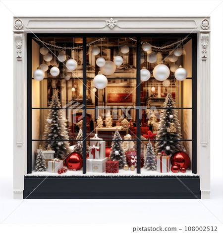 Showcase of shop with Christmas gifts, trees, toys, decorations and garlands Showcase of shop with Christmas gifts, trees, toys, decorations and garlands 108002512