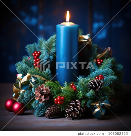 Burning candle and Christmas decoration over snow and wooden background, elegant low-key shot with festive mood 108002523