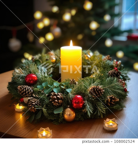 Burning candle and Christmas decoration over snow and wooden background, elegant low-key shot with festive mood 108002524