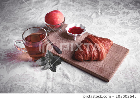 Croissant with tea and jam for breakfast Croissant with tea and jam for breakfast 108002643