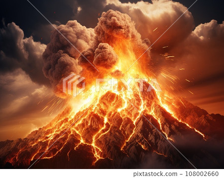 An erupting volcano spewing lava and dust to the air, natural disaster concept 108002660