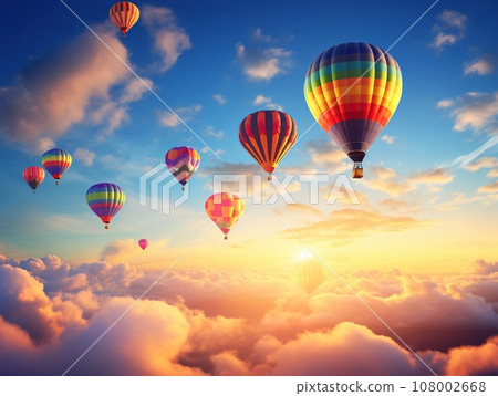 A lot of colorful hot air balloons in the sky, aerial view, transportation concept 108002668