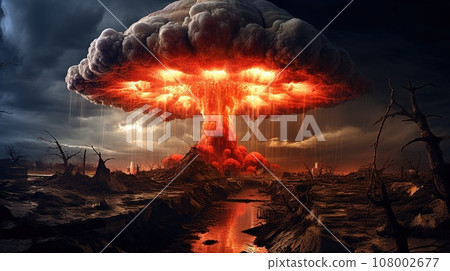 Nuclear explosion with a pressure wave and destroyed surroundings, apocalypse concept Nuclear explosion with a pressure wave and destroyed surroundings, apocalypse concept 108002677