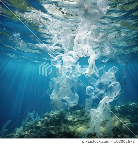 Plastic pieces and sheet in the ocean underwater, polluted water, ecology issue Plastic pieces and sheet in the ocean underwater, polluted water, ecology issue 108002678
