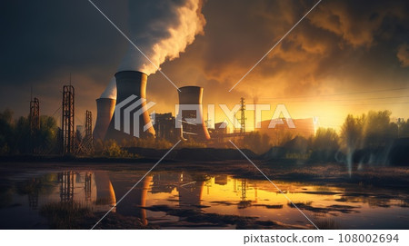 View to nuclear power plant producing electrical energy, industrial concept 108002694