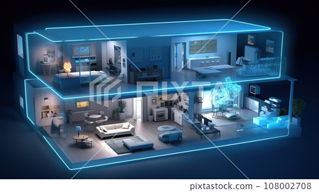 Smart home technology concept, cross section of the housecross with intelligent elements 108002708