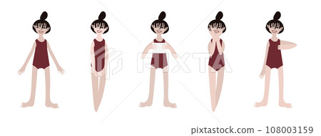 Five Asian girls in swimsuits. Calm standing poses: thumbs up, piece of paper in hands. Pale skin and dark hair. Vector illustration in flat style 108003159