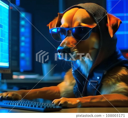 Serious dog hacker or software developer in a room with monitors. A pet wearing glasses is either playing a computer game or watching virtual reality 108003171