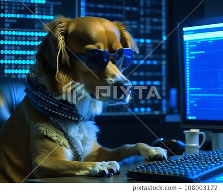 Serious dog hacker or software developer in a room with monitors. A pet wearing glasses is either playing a computer game or watching virtual reality 108003172