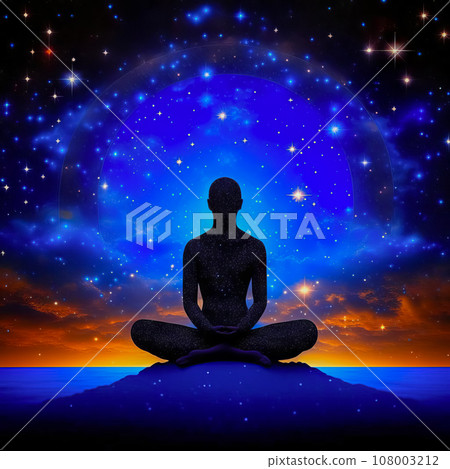 Transcendental chakras, cosmic meditation, human silhouette. Concept of meditation, spirituality, enlightenment Transcendental chakras, cosmic meditation, human silhouette. Concept of meditation, spirituality, enlightenment 108003212