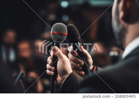 Professional Media interview hand a hold microphone after a press conference Professional Media interview hand a hold microphone after a press conference 108003405