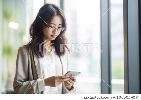 Beautiful smiling businesswoman using smart phone in office Beautiful smiling businesswoman using smart phone in office 108003407