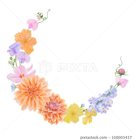 Watercolor botanical colourful round frame of summer and autumn flowers: dahlia, zinnia, lathyrus, gillyflower, nasturtium, cosmos. Good for wedding print products, paper, invitations, greetings Watercolor botanical colourful round frame of summer and autumn flowers: dahlia, zinnia, lathyrus, gillyflower, nasturtium, cosmos. Good for wedding print products, paper, invitations, greetings 108003437