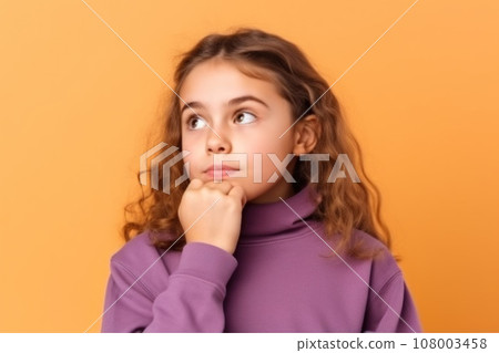 Cute girl looking at copy space touching chin hand thinking isolated pastel color background 108003458