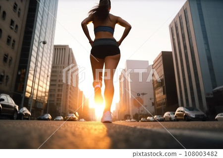 The back view of a woman running in the morning in the city streets 108003482
