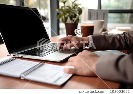 Business desk concept, laptop and coffee and calculator on desk 108003631
