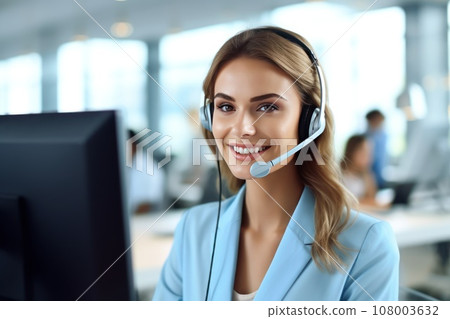 Call center operators with a small modern wireless headsets works with a desktop in an office 108003632