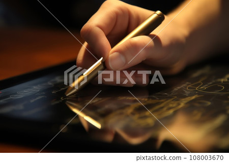 Close up of a hand drawing or writing on a digital tablet 108003670