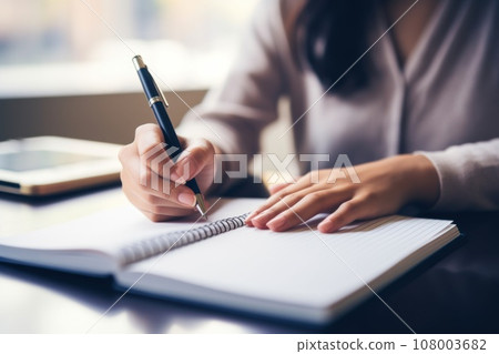 Close shot of a human hand writing something on the paper Close shot of a human hand writing something on the paper 108003682