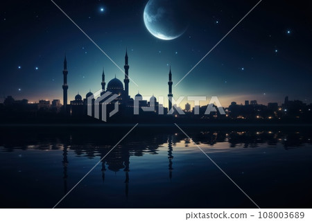 Silhouette of mosque at night moonlit sky stunning as the full moon Silhouette of mosque at night moonlit sky stunning as the full moon 108003689
