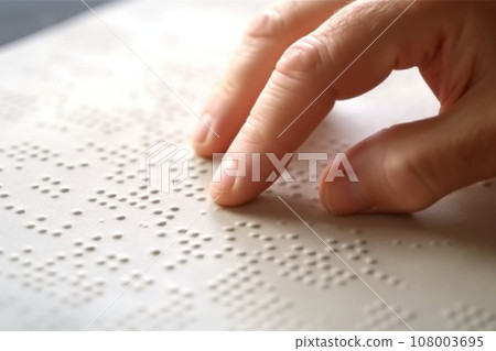 Hand of a blind person reading some braille text touching the relief 108003695