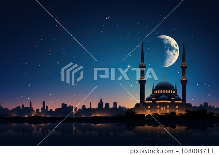 Silhouette of mosque at night moonlit sky stunning as the full moon 108003711