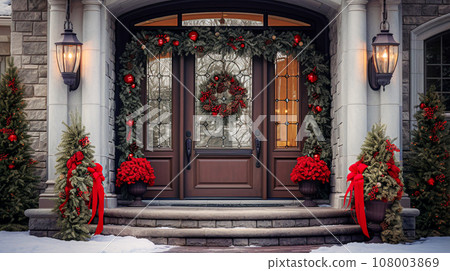 Front door decorated with Christmas wreaths and red ribbons. 108003869