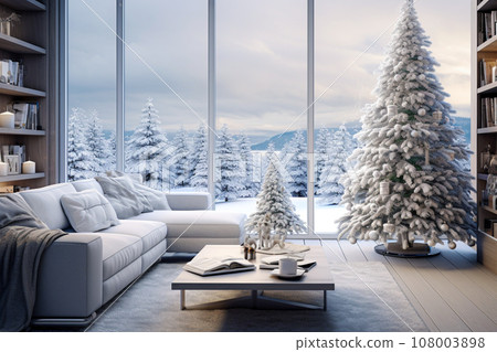 Interior of modern living room with winter landscape. Interior of modern living room with winter landscape. 108003898