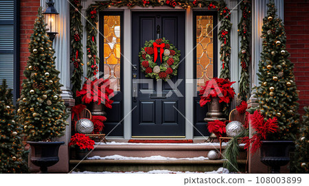 Beautiful Christmas decorations on the front door of a house decorated for Christmas Beautiful Christmas decorations on the front door of a house decorated for Christmas 108003899